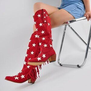 Cowgirl Boots Stars Block Heels Fringed Pull On Faux Suede Under the Knee-RED